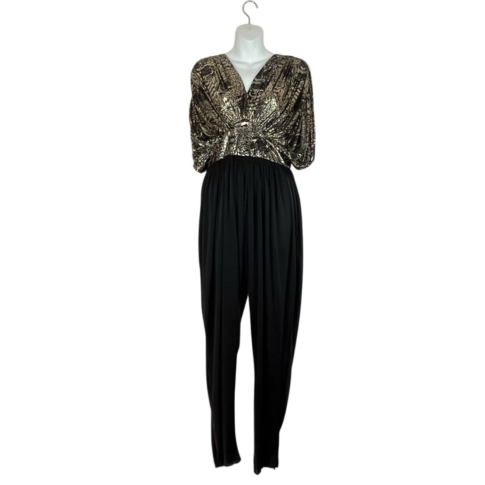 Vintage Susan Roselli for Vijack Jumpsuit Gold Top Black Pleated Petite 9/10